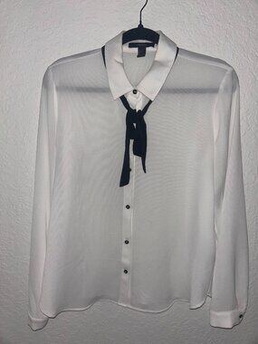 White Button-Up Top with Black Collar